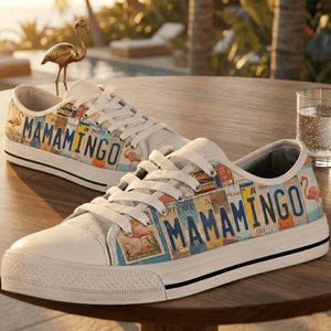 Tropical License Plate Personalized Low Top Shoes - Custom Name Flamingo Sneakers - FlamingoAholic