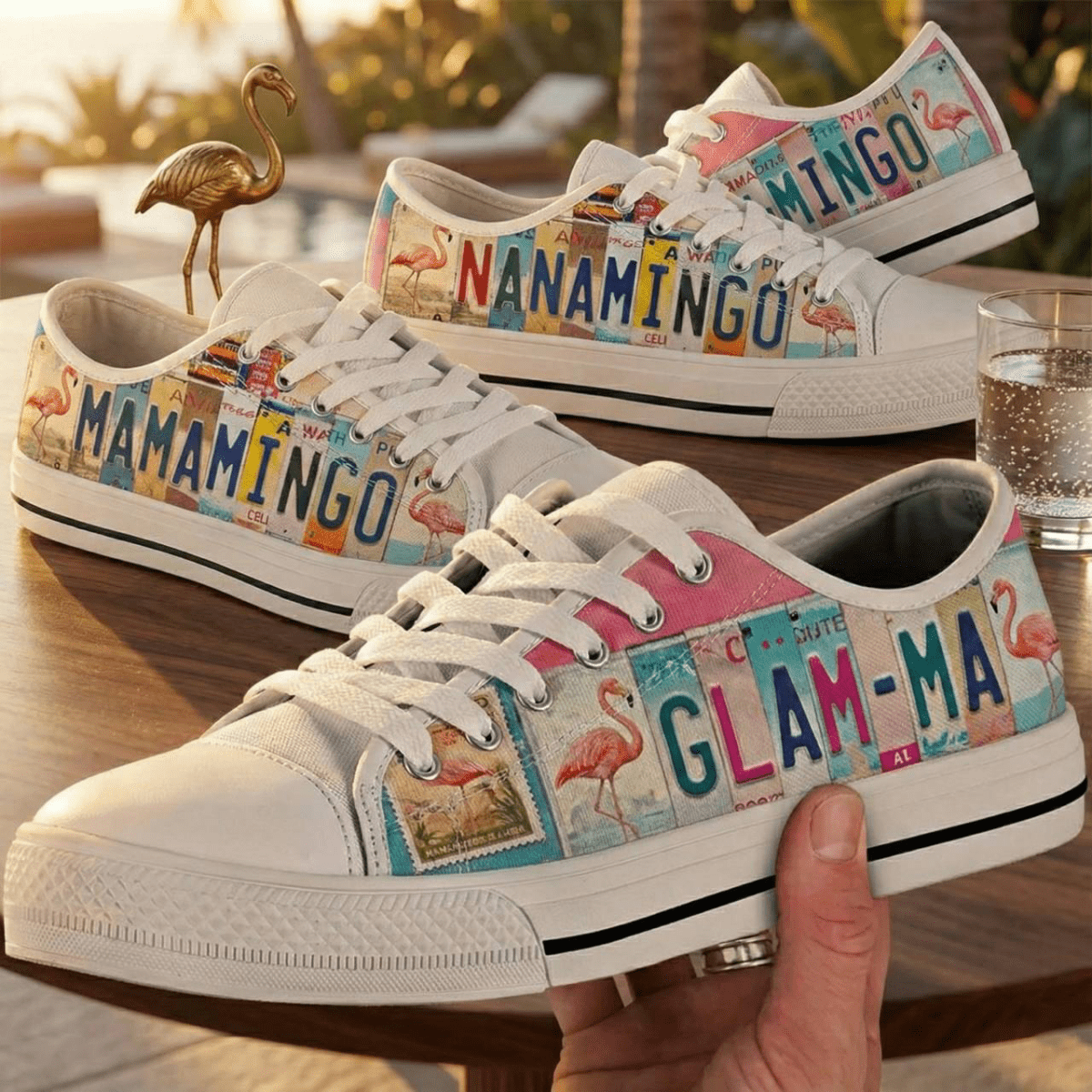 Tropical License Plate Personalized Low Top Shoes - Custom Name Flamingo Sneakers - FlamingoAholic