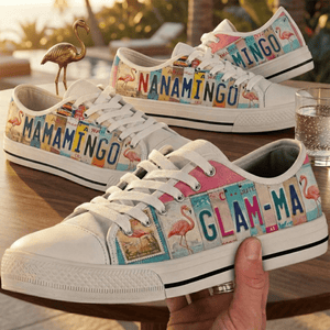 Tropical License Plate Personalized Low Top Shoes - Custom Name Flamingo Sneakers - FlamingoAholic