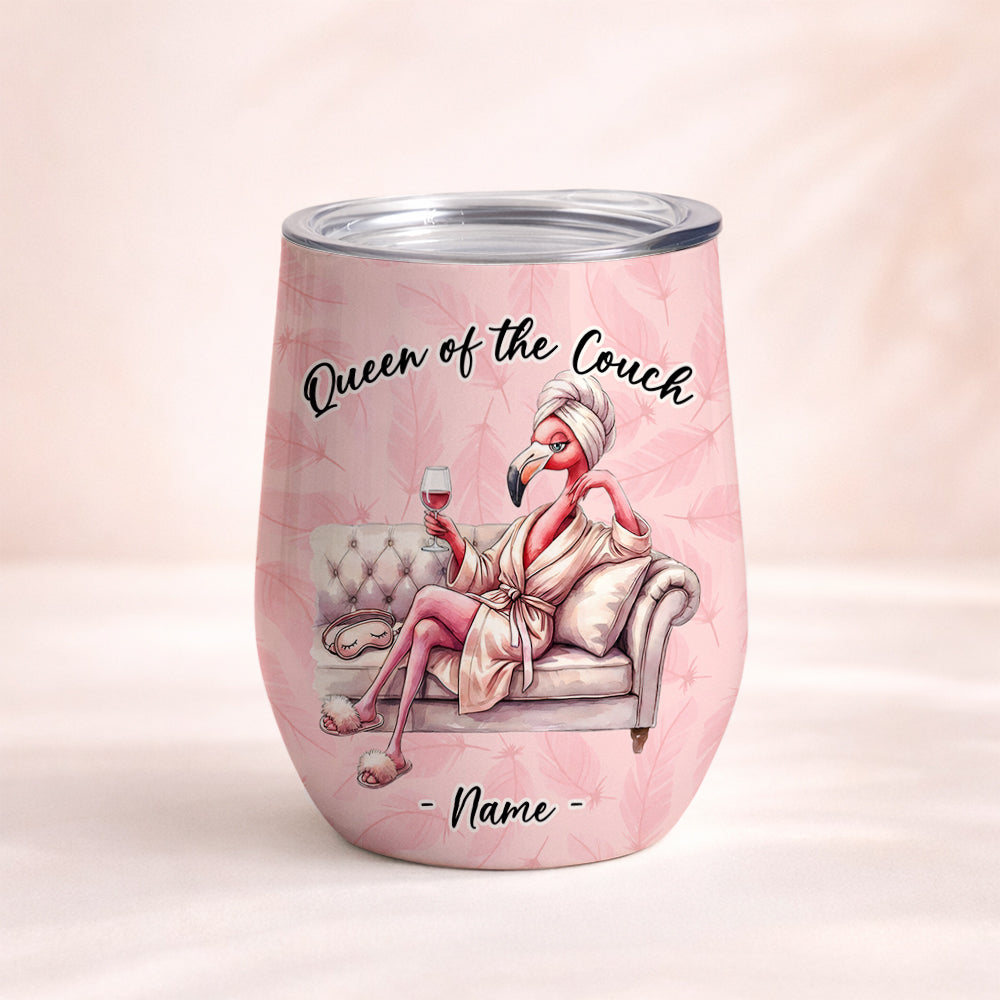 Personalized Flamingo Wine Tumbler - Queen of the Couch Custom Name Gift for Her