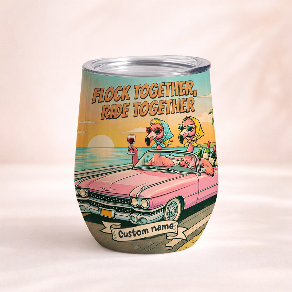 Retro Funny Personalized Flamingo Wine Tumbler - Custom Name "Besties Road Trip" Gift