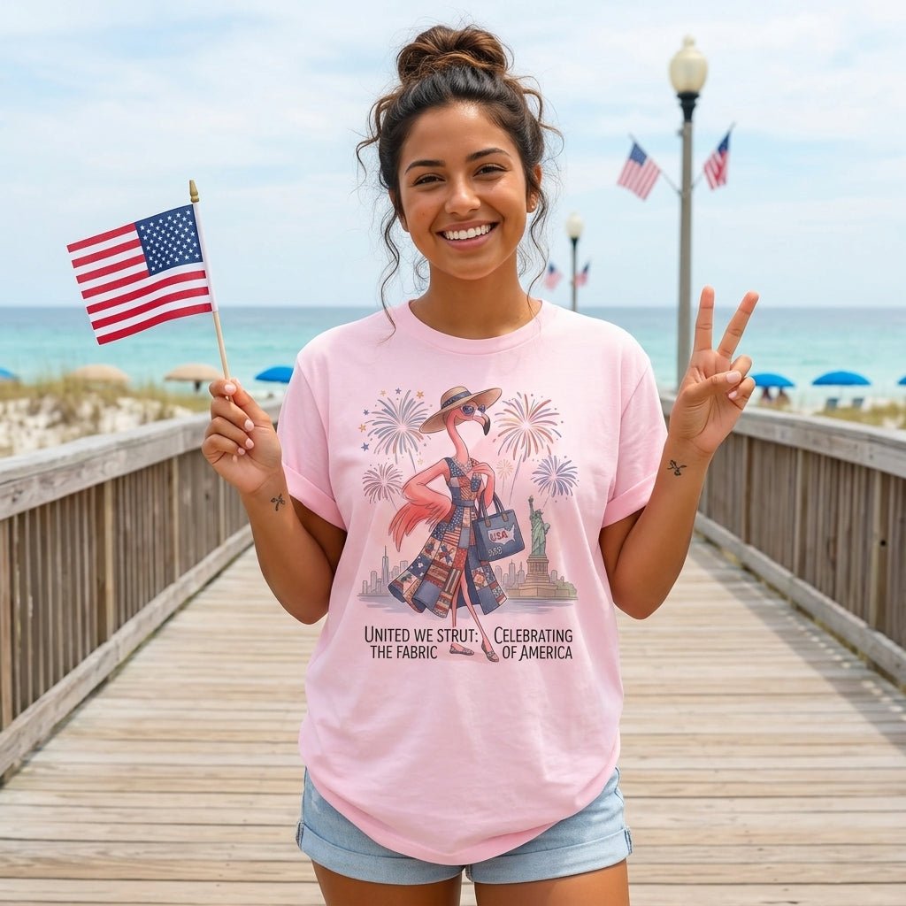United We Strut The Fabric of America Flamingo July 4th Shirt - FlamingoAholic