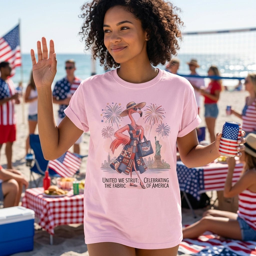 United We Strut The Fabric of America Flamingo July 4th Shirt - FlamingoAholic
