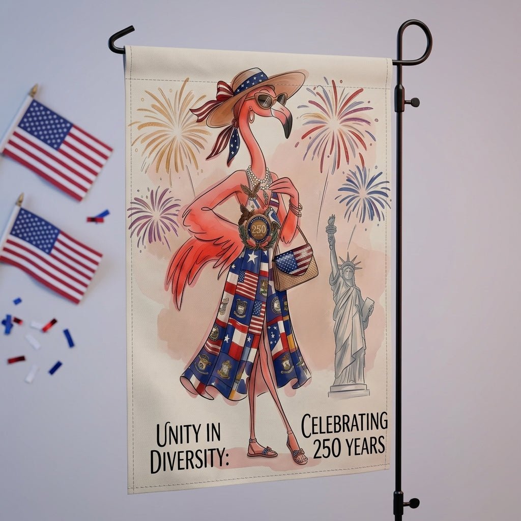 Unity in Diversity Celebrating 250 Years Flamingo July 4th Garden Flag - FlamingoAholic