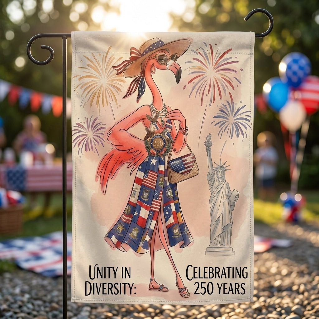 Unity in Diversity Celebrating 250 Years Flamingo July 4th Garden Flag - FlamingoAholic