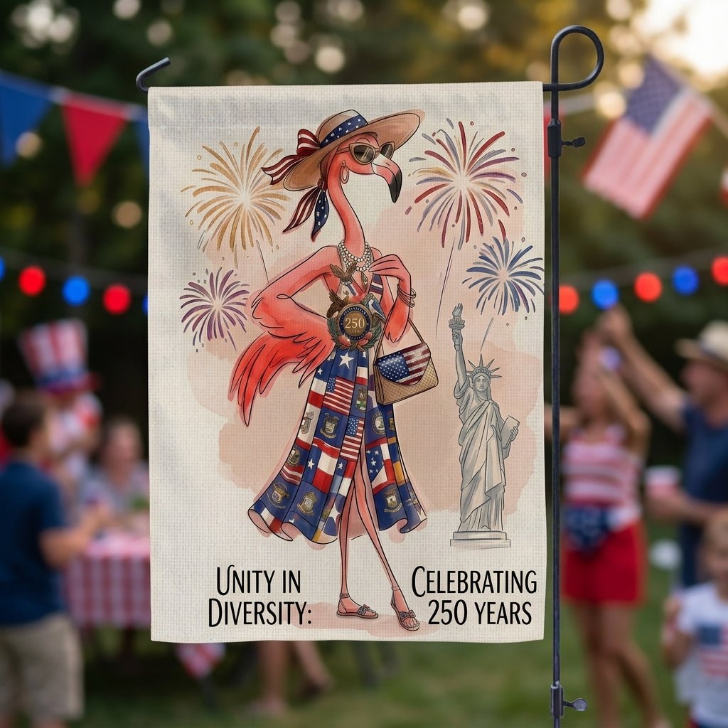 Unity in Diversity Celebrating 250 Years Flamingo July 4th Garden Flag - FlamingoAholic