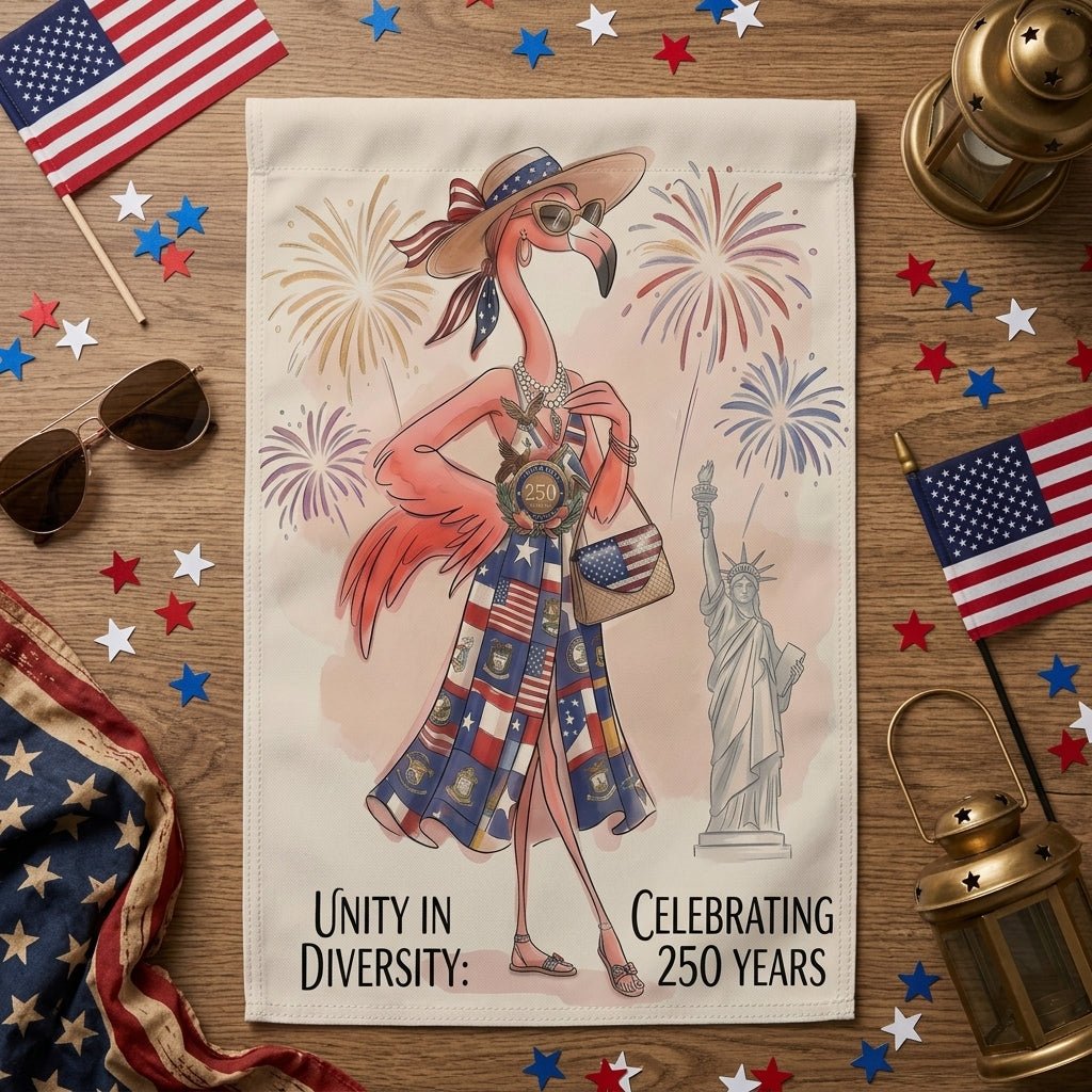 Unity in Diversity Celebrating 250 Years Flamingo July 4th Garden Flag - FlamingoAholic