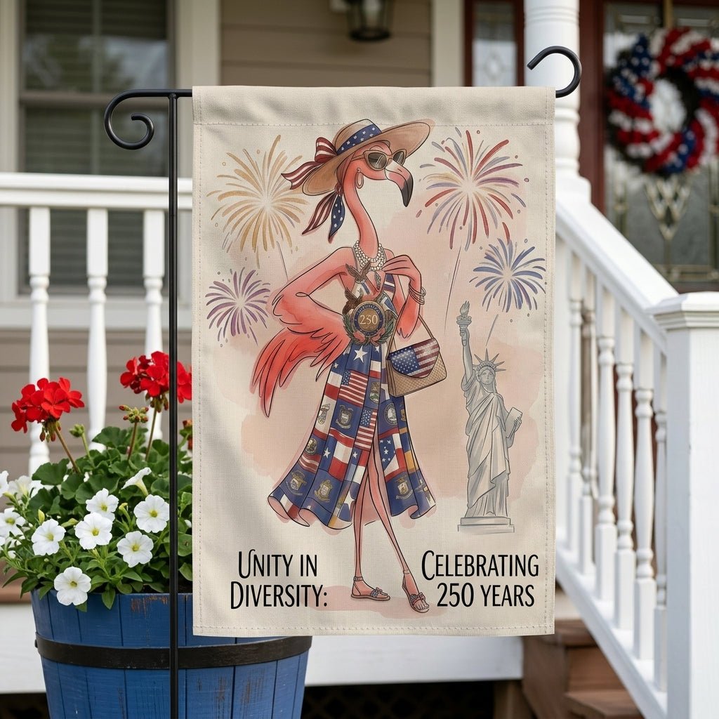 Unity in Diversity Celebrating 250 Years Flamingo July 4th Garden Flag - FlamingoAholic