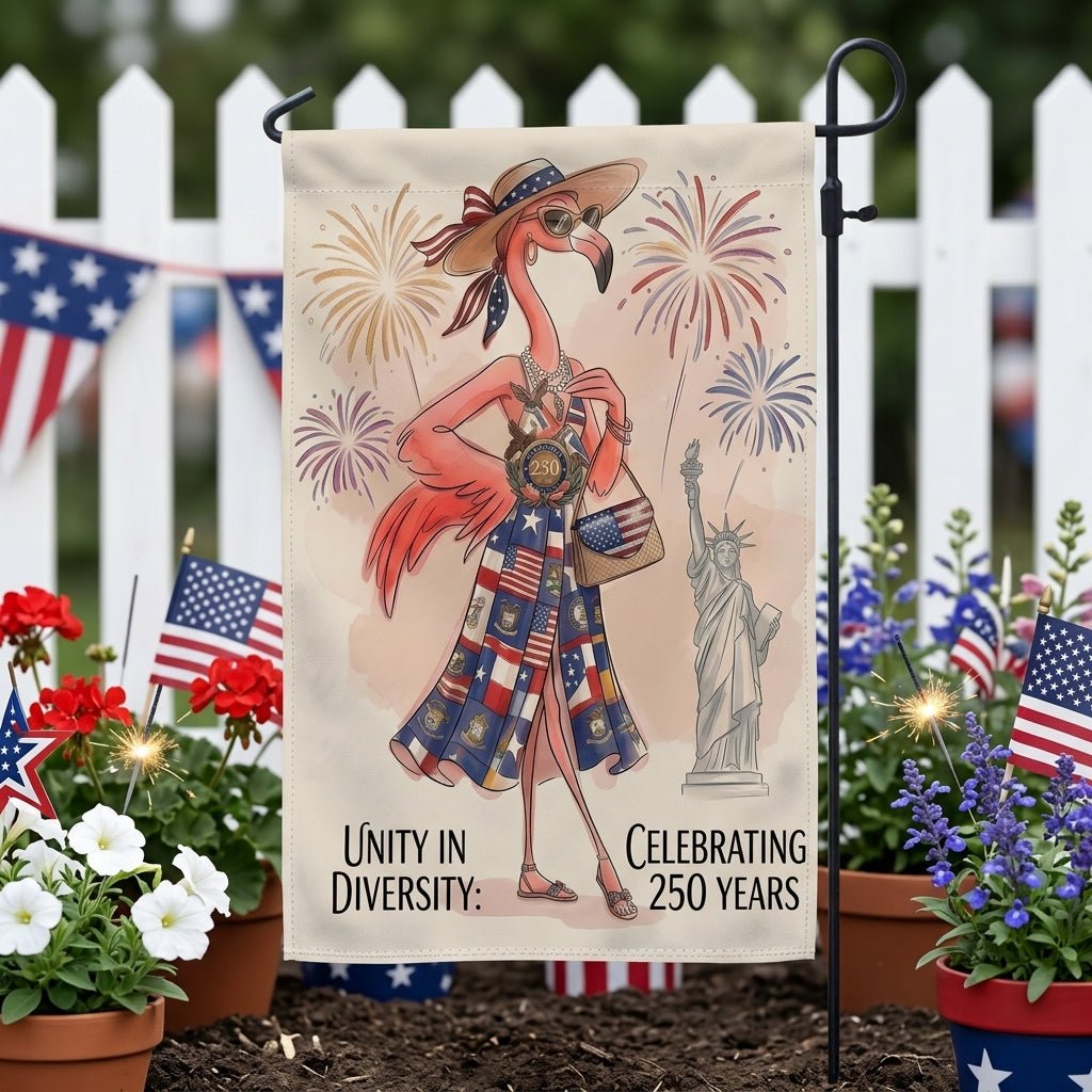 Unity in Diversity Celebrating 250 Years Flamingo July 4th Garden Flag - FlamingoAholic