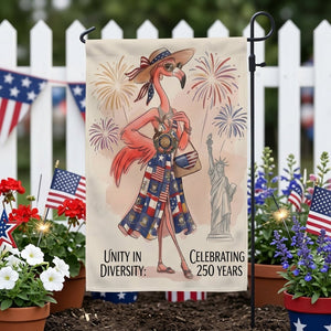 Unity in Diversity Celebrating 250 Years Flamingo July 4th Garden Flag - FlamingoAholic