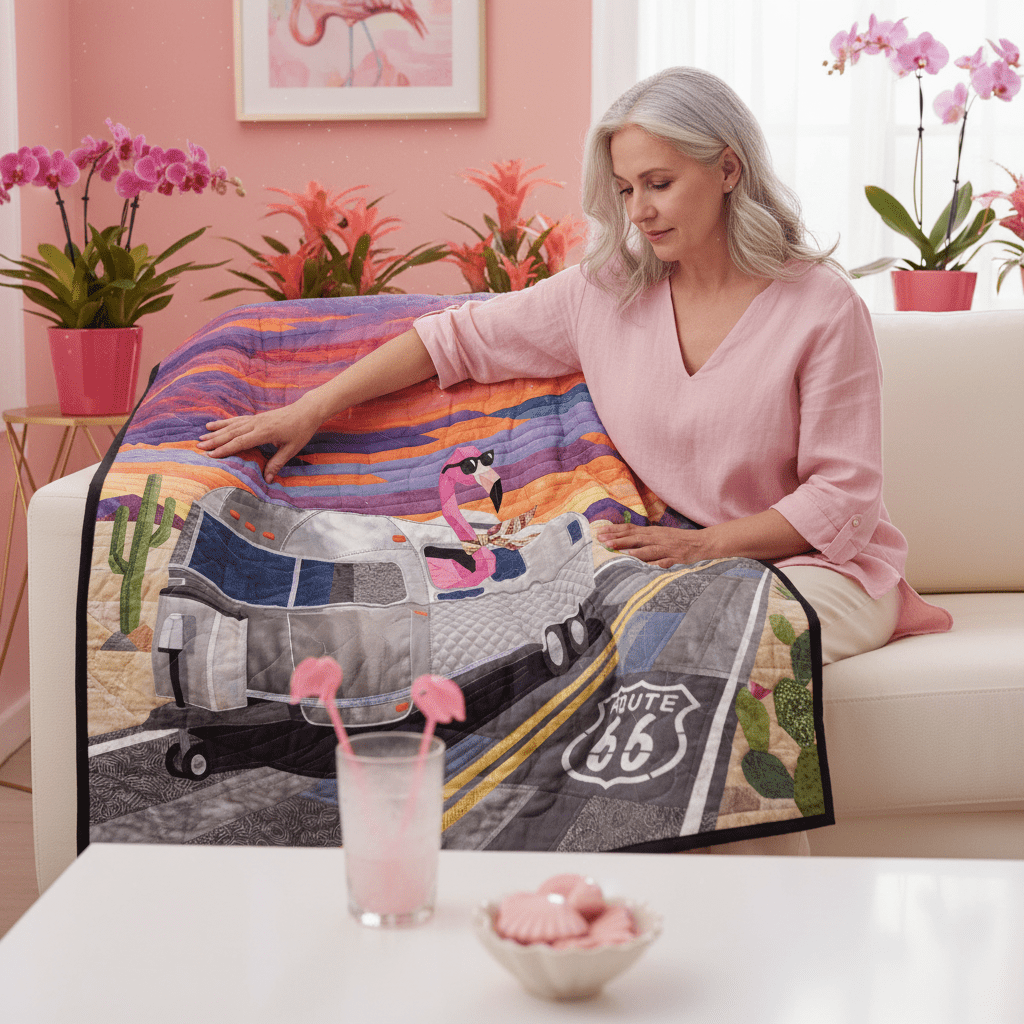 Vibrant Desert Sunset Flamingo Quilt Blanket - Route 66 RV Camper Decor - FlamingoAholic