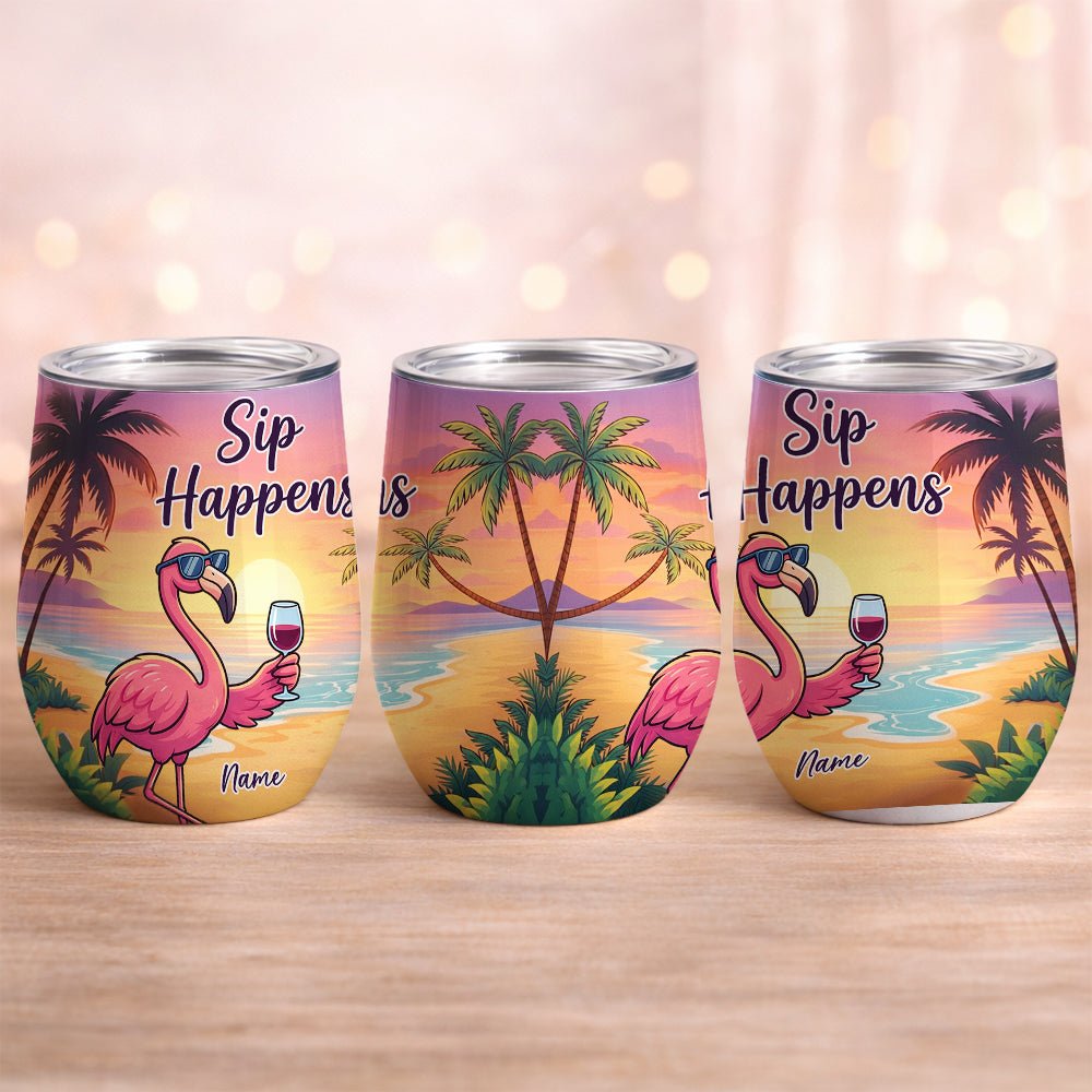 Vibrant Personalized Flamingo Wine Tumbler - Funny Stainless Steel Stemless Cup Gift - FlamingoAholic