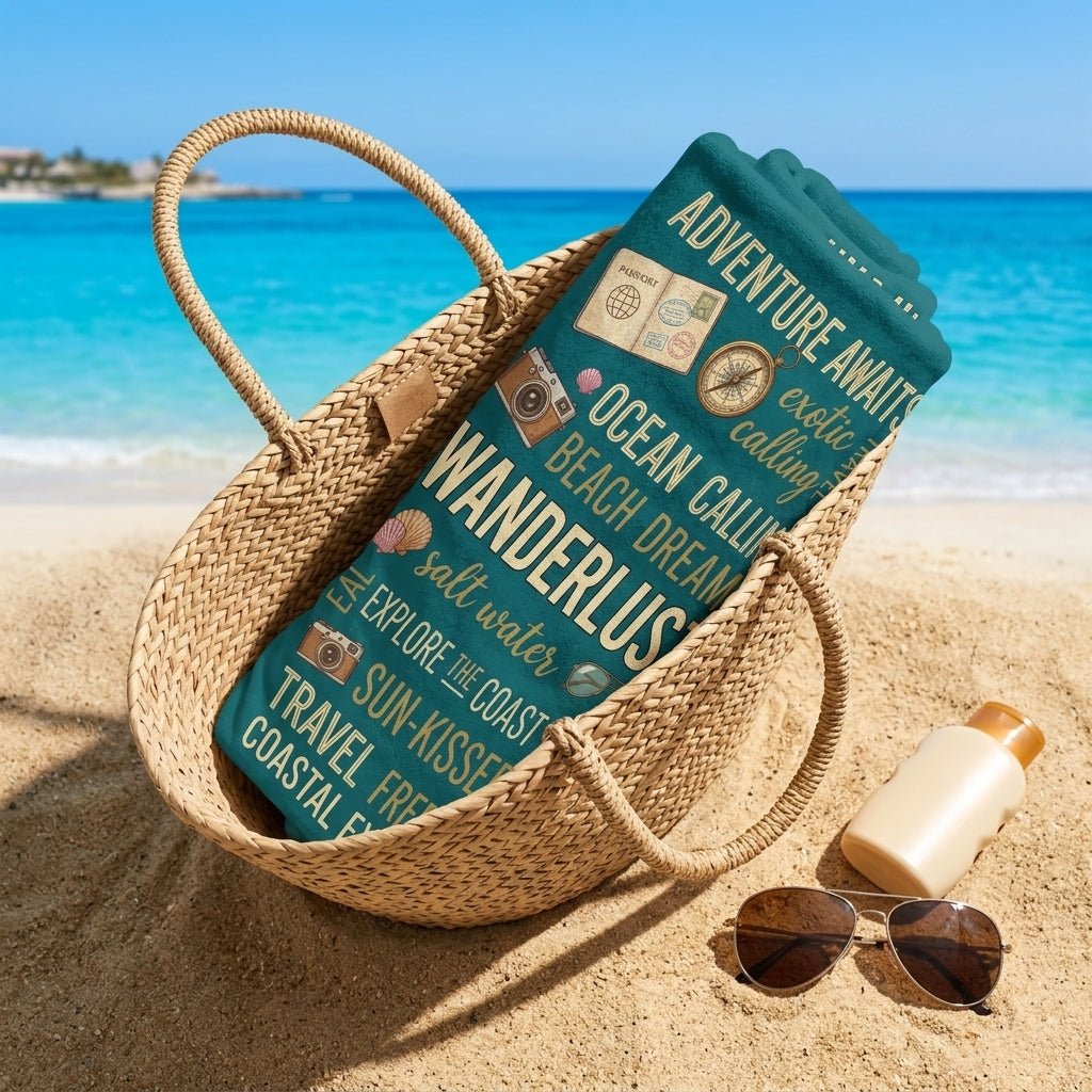 "Wanderlust" Adventure Beach Towel - Travel-Themed Summer Vacation Accessory - FlamingoAholic