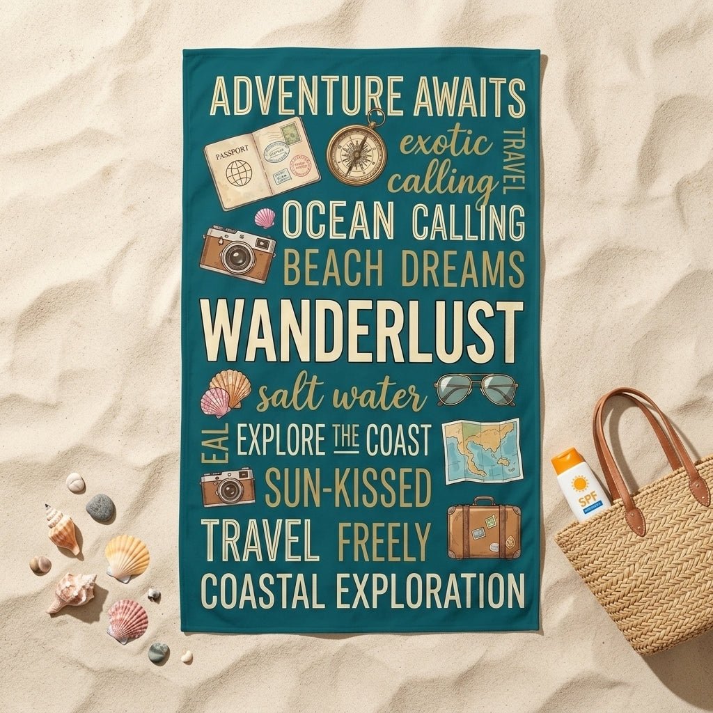 "Wanderlust" Adventure Beach Towel - Travel-Themed Summer Vacation Accessory - FlamingoAholic