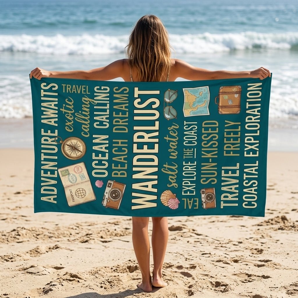 "Wanderlust" Adventure Beach Towel - Travel-Themed Summer Vacation Accessory - FlamingoAholic