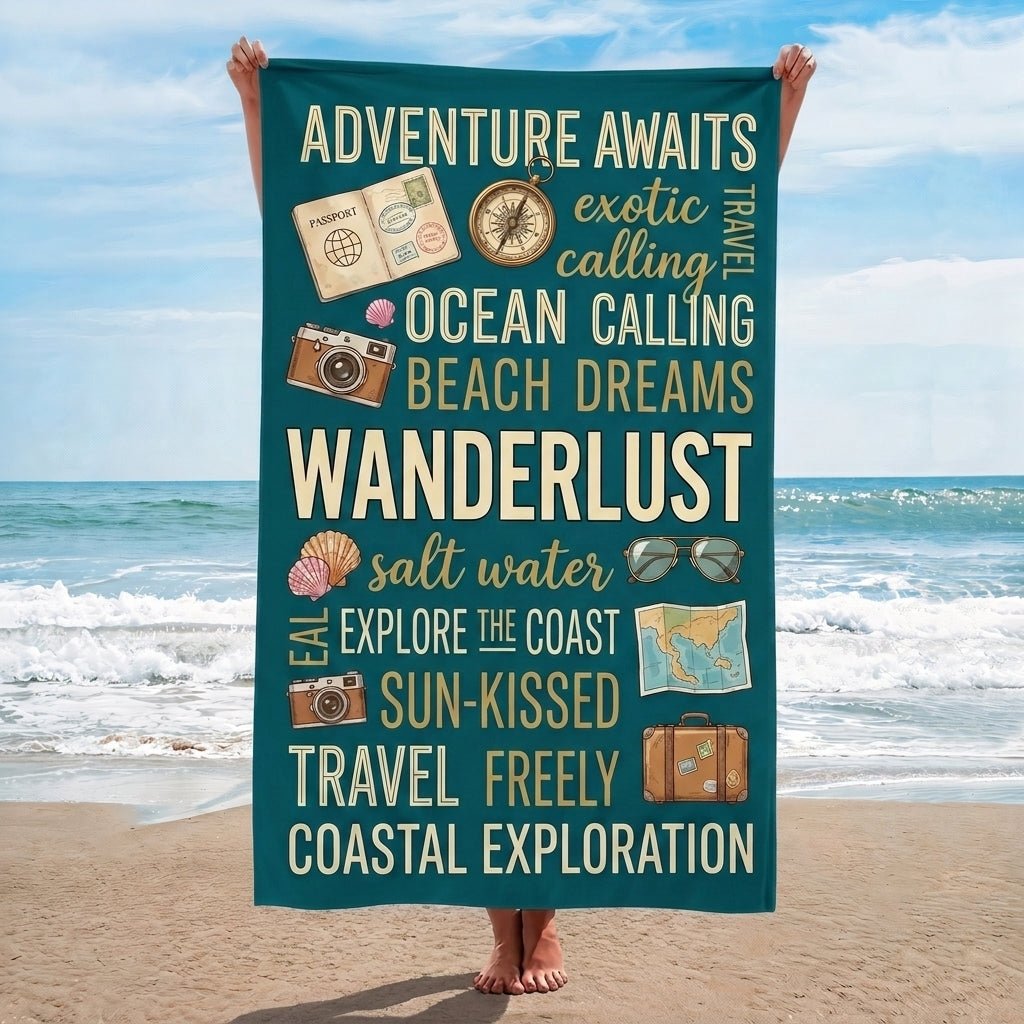 "Wanderlust" Adventure Beach Towel - Travel-Themed Summer Vacation Accessory - FlamingoAholic