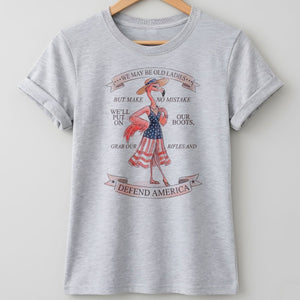 We May Be Old Ladies Defend America Patriotic Flamingo July 4th Shirt - FlamingoAholic