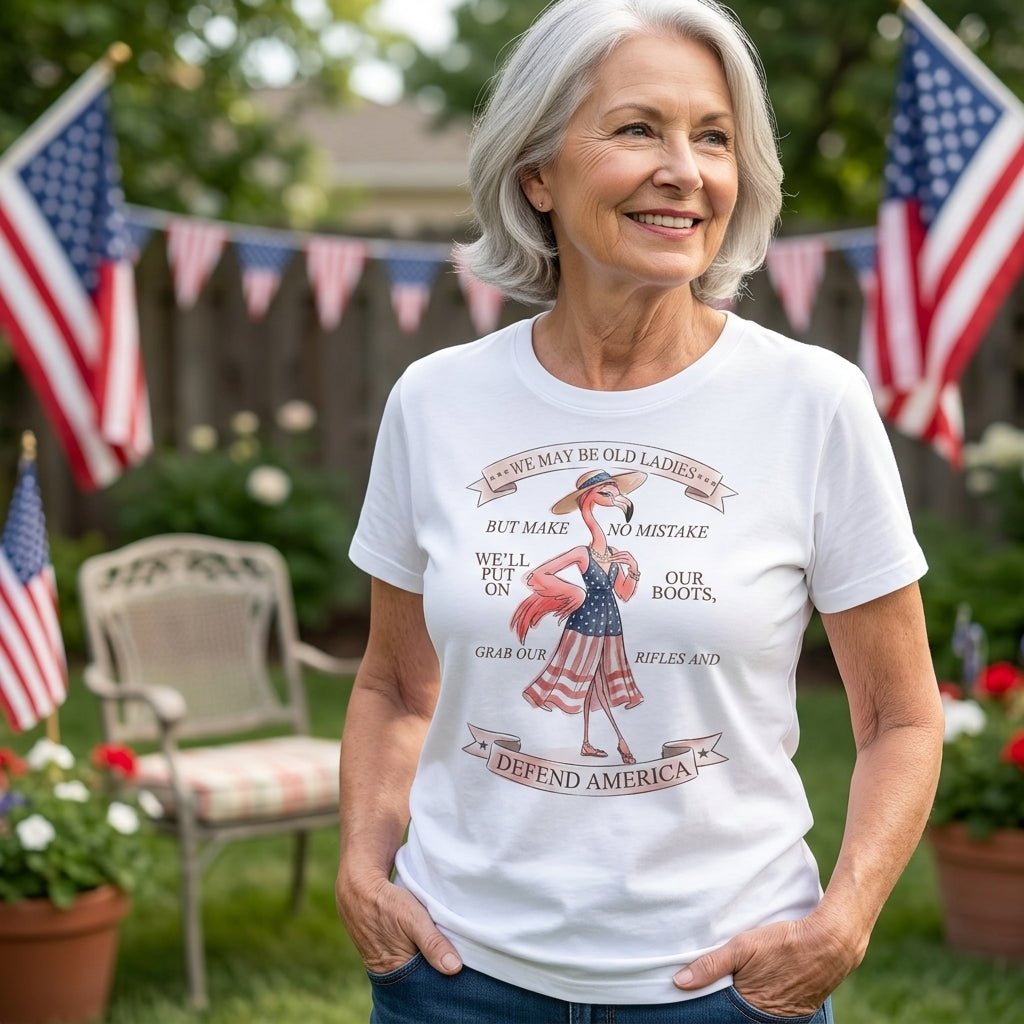We May Be Old Ladies Defend America Patriotic Flamingo July 4th Shirt - FlamingoAholic