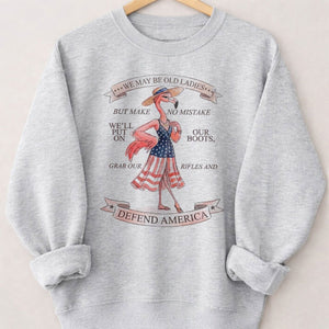 We May Be Old Ladies Defend America Patriotic Flamingo July 4th Shirt - FlamingoAholic