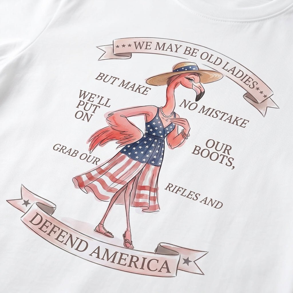 We May Be Old Ladies Defend America Patriotic Flamingo July 4th Shirt - FlamingoAholic