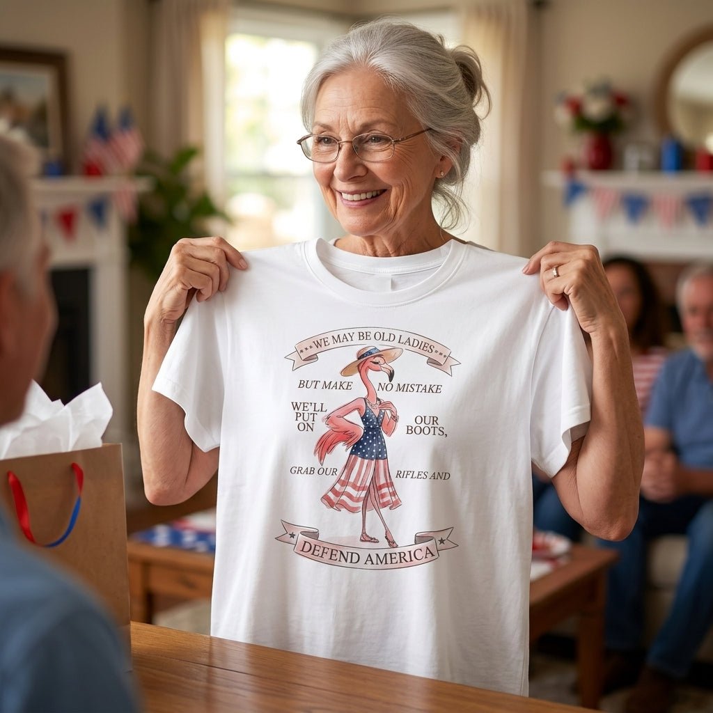 We May Be Old Ladies Defend America Patriotic Flamingo July 4th Shirt - FlamingoAholic