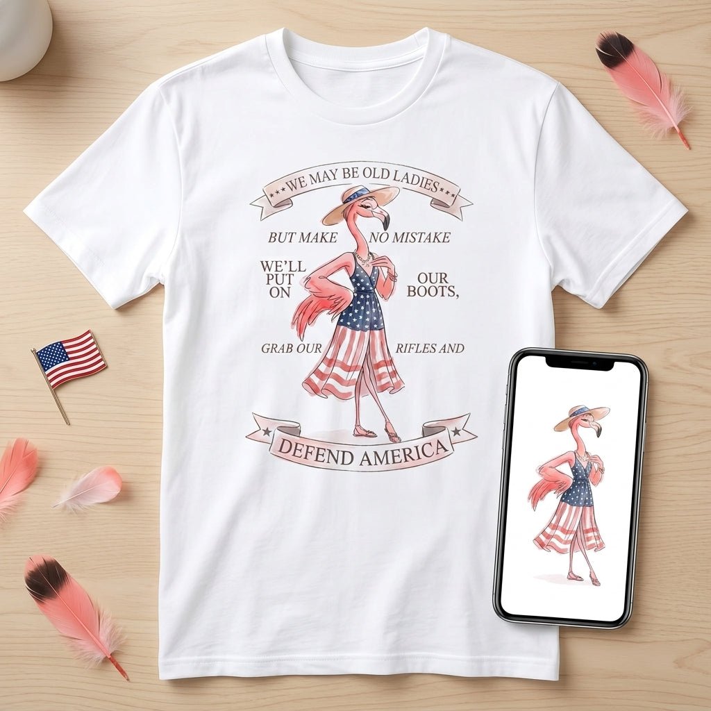 We May Be Old Ladies Defend America Patriotic Flamingo July 4th Shirt - FlamingoAholic
