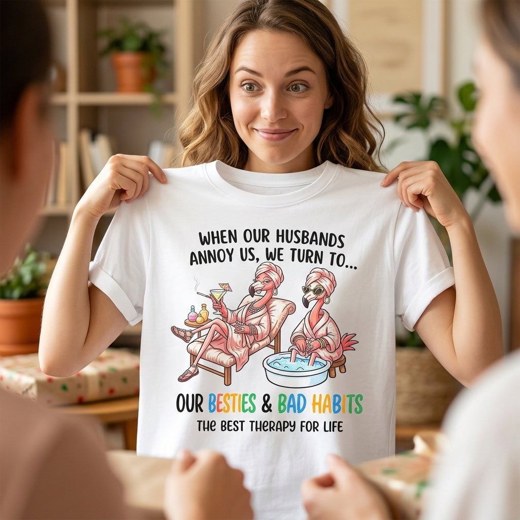 When Our Husbands Annoy Us We Turn To Besties And Bad Habits Flamingo Shirt - FlamingoAholic