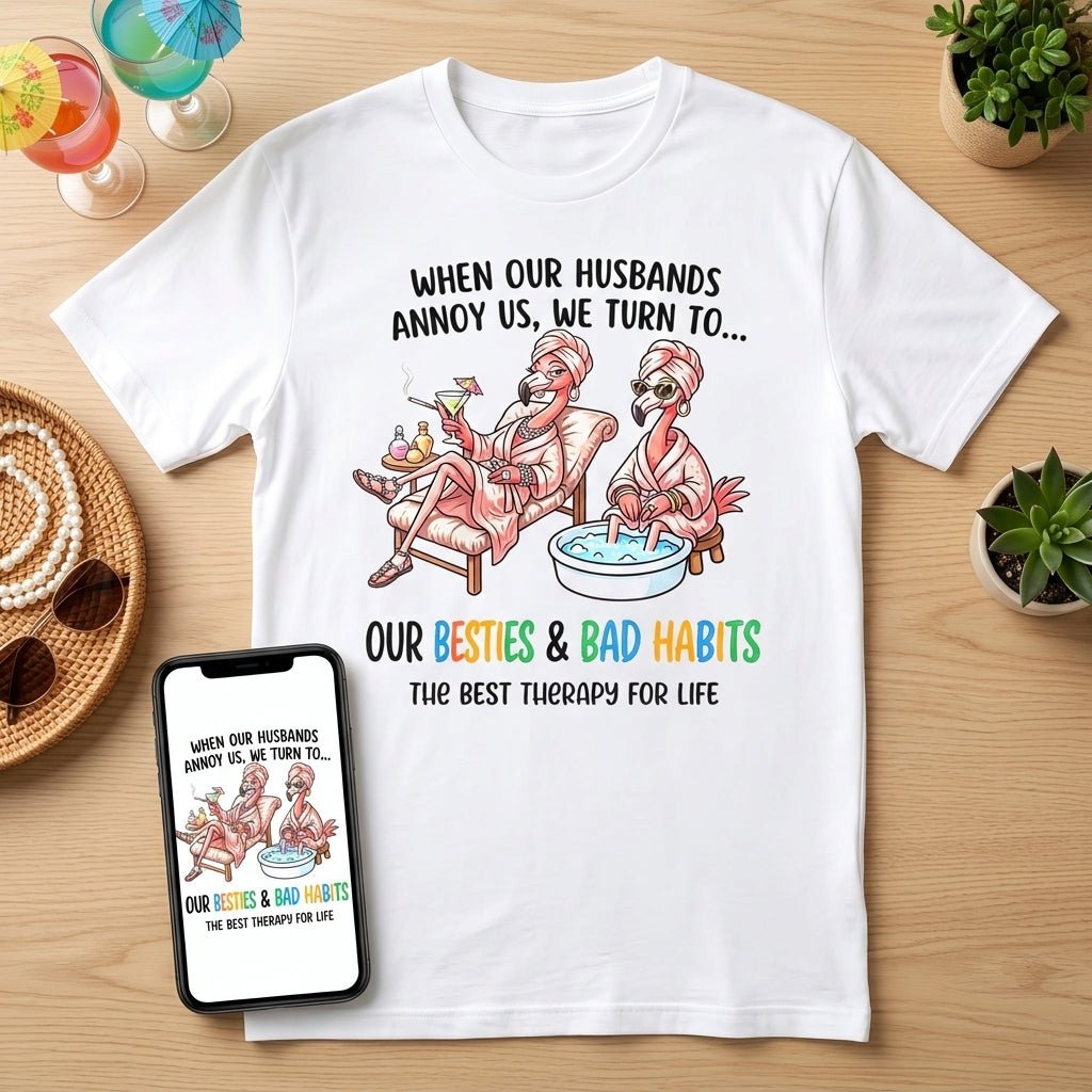 When Our Husbands Annoy Us We Turn To Besties And Bad Habits Flamingo Shirt - FlamingoAholic