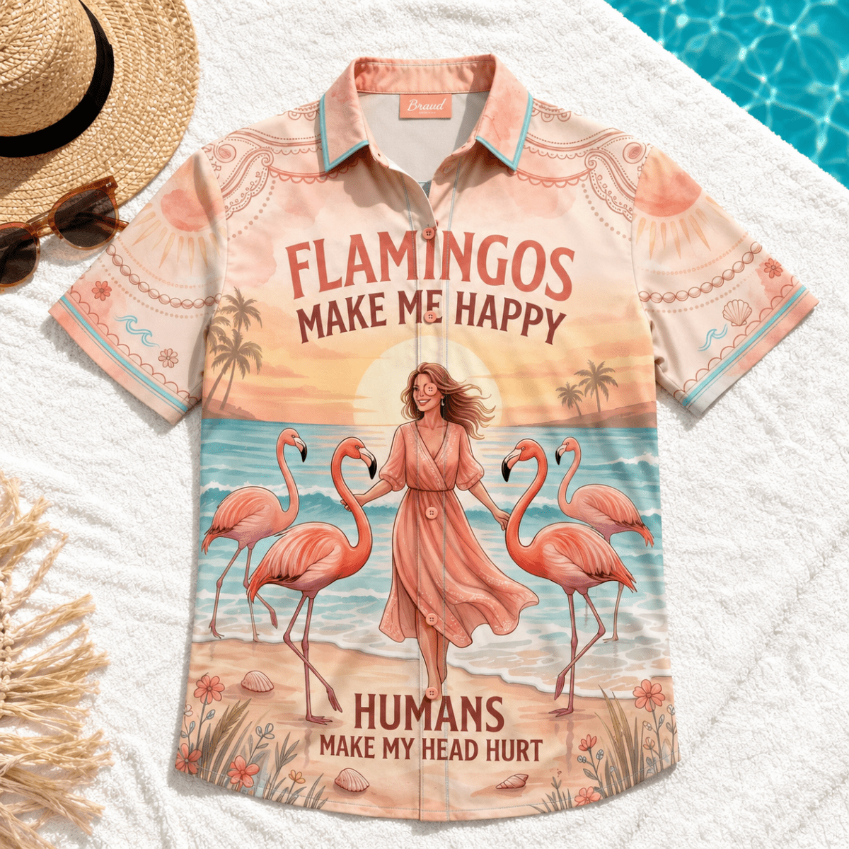 Women's Flamingo Hawaiian Shirt, Tropical Beach Button Up Shirt, Pink Flamingo Shirt for Women, Funny Vacation Shirt, Flamingo Lover Gift - FlamingoAholic