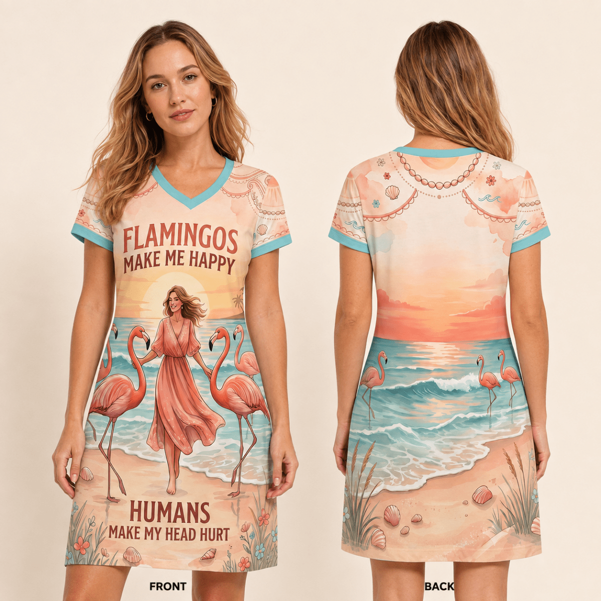 Women's Flamingo V-Neck Dress, Tropical Beach Fine Jersey Dress, Funny Flamingo Casual Cotton Dress, Summer Vacation Dress for Women - FlamingoAholic