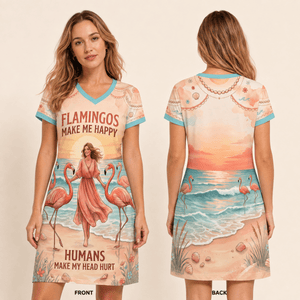 Women's Flamingo V-Neck Dress, Tropical Beach Fine Jersey Dress, Funny Flamingo Casual Cotton Dress, Summer Vacation Dress for Women - FlamingoAholic
