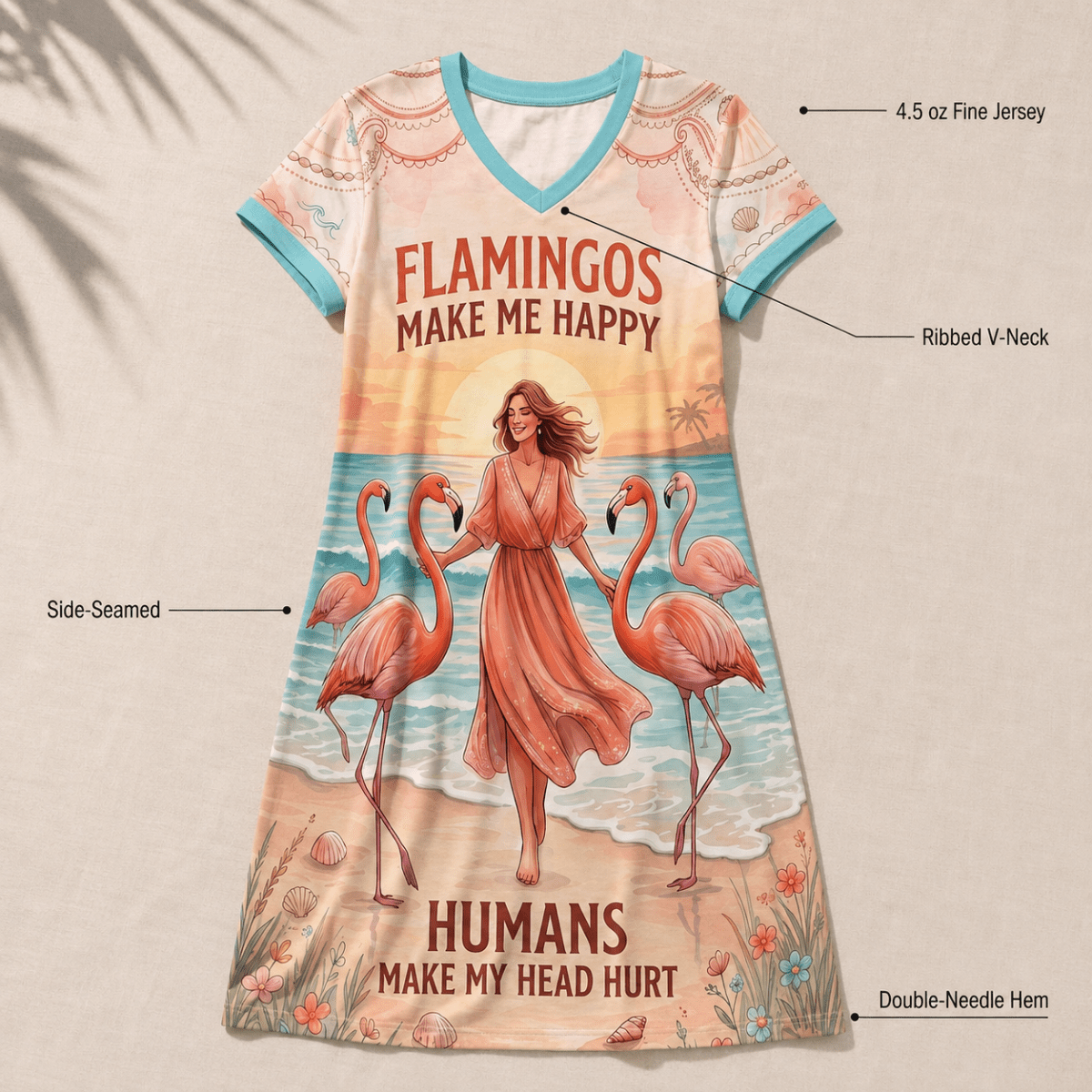 Women's Flamingo V-Neck Dress, Tropical Beach Fine Jersey Dress, Funny Flamingo Casual Cotton Dress, Summer Vacation Dress for Women - FlamingoAholic