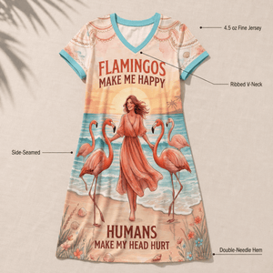 Women's Flamingo V-Neck Dress, Tropical Beach Fine Jersey Dress, Funny Flamingo Casual Cotton Dress, Summer Vacation Dress for Women - FlamingoAholic