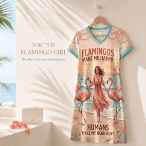 Women's Flamingo V-Neck Dress, Tropical Beach Fine Jersey Dress, Funny Flamingo Casual Cotton Dress, Summer Vacation Dress for Women - FlamingoAholic