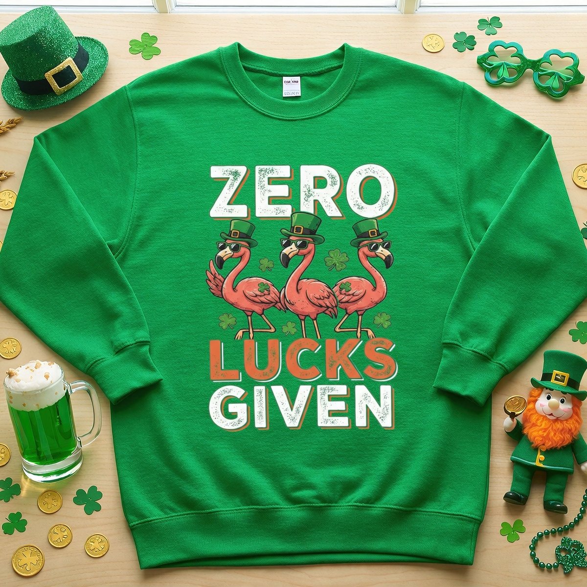 Zero Lucks Given Flamingo St. Patrick's Day Funny Saying T-Shirt - Sarcastic Irish Party Tee for Women - FlamingoAholic