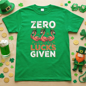 Zero Lucks Given Flamingo St. Patrick's Day Funny Saying T-Shirt - Sarcastic Irish Party Tee for Women - FlamingoAholic