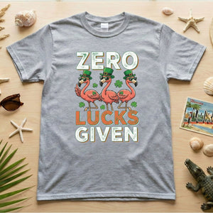Zero Lucks Given Flamingo St. Patrick's Day Funny Saying T-Shirt - Sarcastic Irish Party Tee for Women - FlamingoAholic