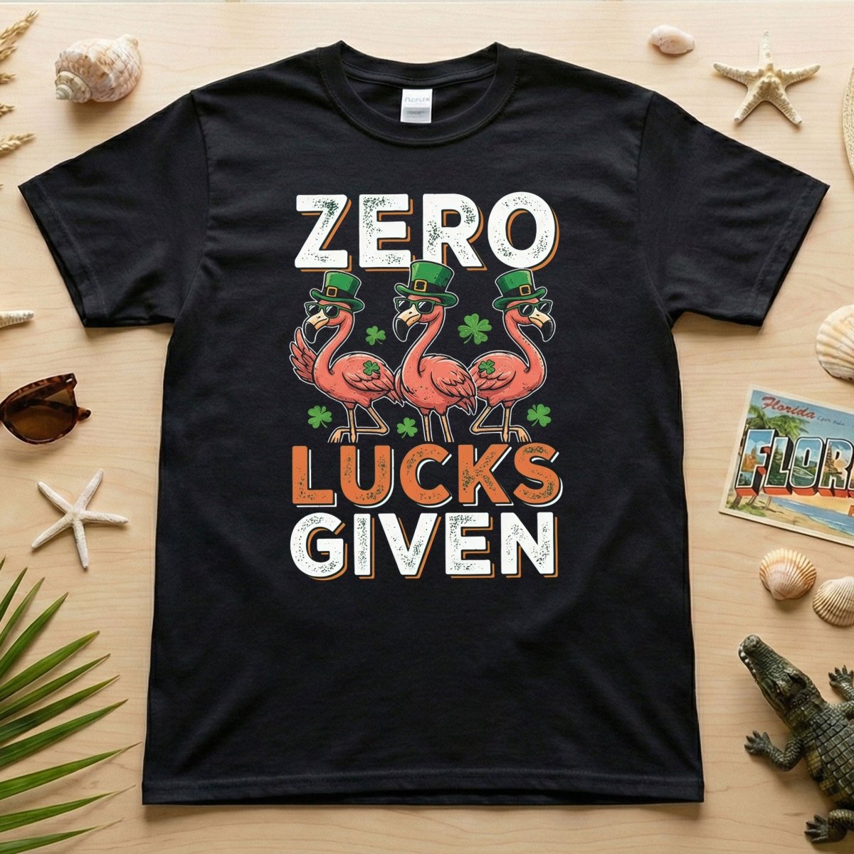 Zero Lucks Given Flamingo St. Patrick's Day Funny Saying T-Shirt - Sarcastic Irish Party Tee for Women - FlamingoAholic