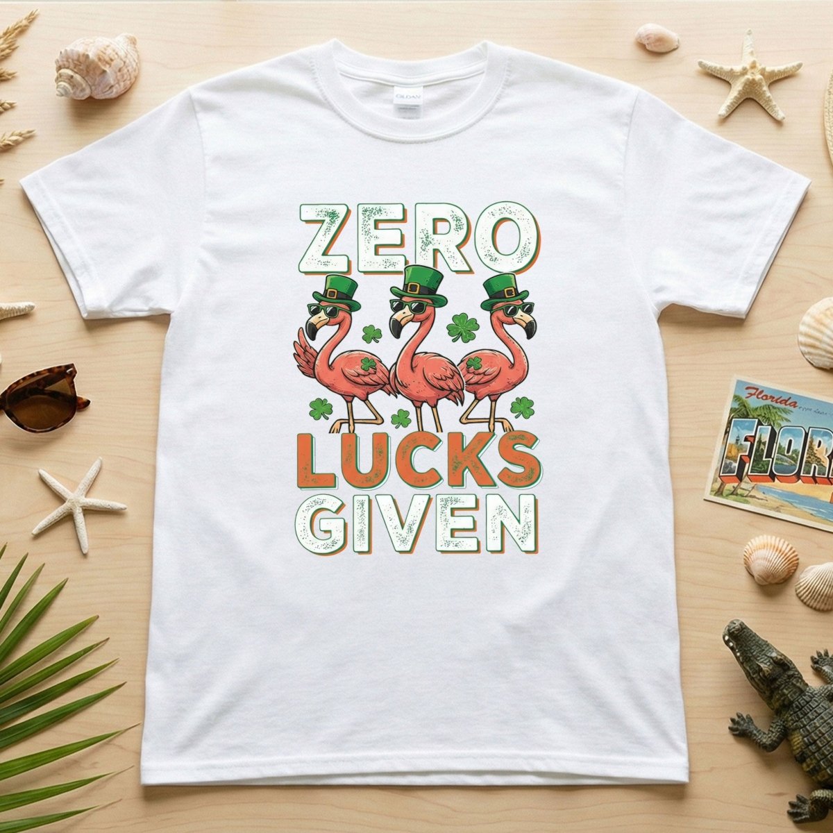 Zero Lucks Given Flamingo St. Patrick's Day Funny Saying T-Shirt - Sarcastic Irish Party Tee for Women - FlamingoAholic