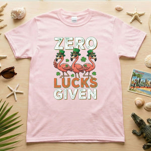 Zero Lucks Given Flamingo St. Patrick's Day Funny Saying T-Shirt - Sarcastic Irish Party Tee for Women - FlamingoAholic