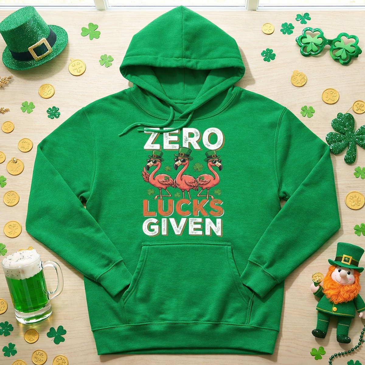 Zero Lucks Given Flamingo St. Patrick's Day Funny Saying T-Shirt - Sarcastic Irish Party Tee for Women - FlamingoAholic