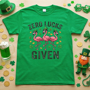 Zero Lucks Given Leprechaun Flamingo T-Shirt - Funny St. Patrick's Day Sarcastic Tee - FlamingoAholic