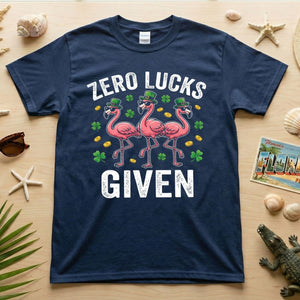 Zero Lucks Given Leprechaun Flamingo T-Shirt - Funny St. Patrick's Day Sarcastic Tee - FlamingoAholic