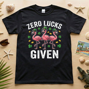 Zero Lucks Given Leprechaun Flamingo T-Shirt - Funny St. Patrick's Day Sarcastic Tee - FlamingoAholic