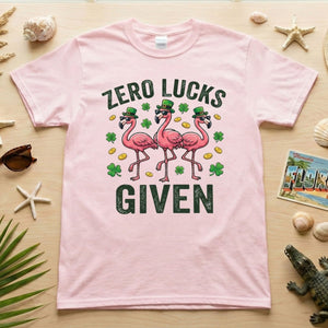 Zero Lucks Given Leprechaun Flamingo T-Shirt - Funny St. Patrick's Day Sarcastic Tee - FlamingoAholic