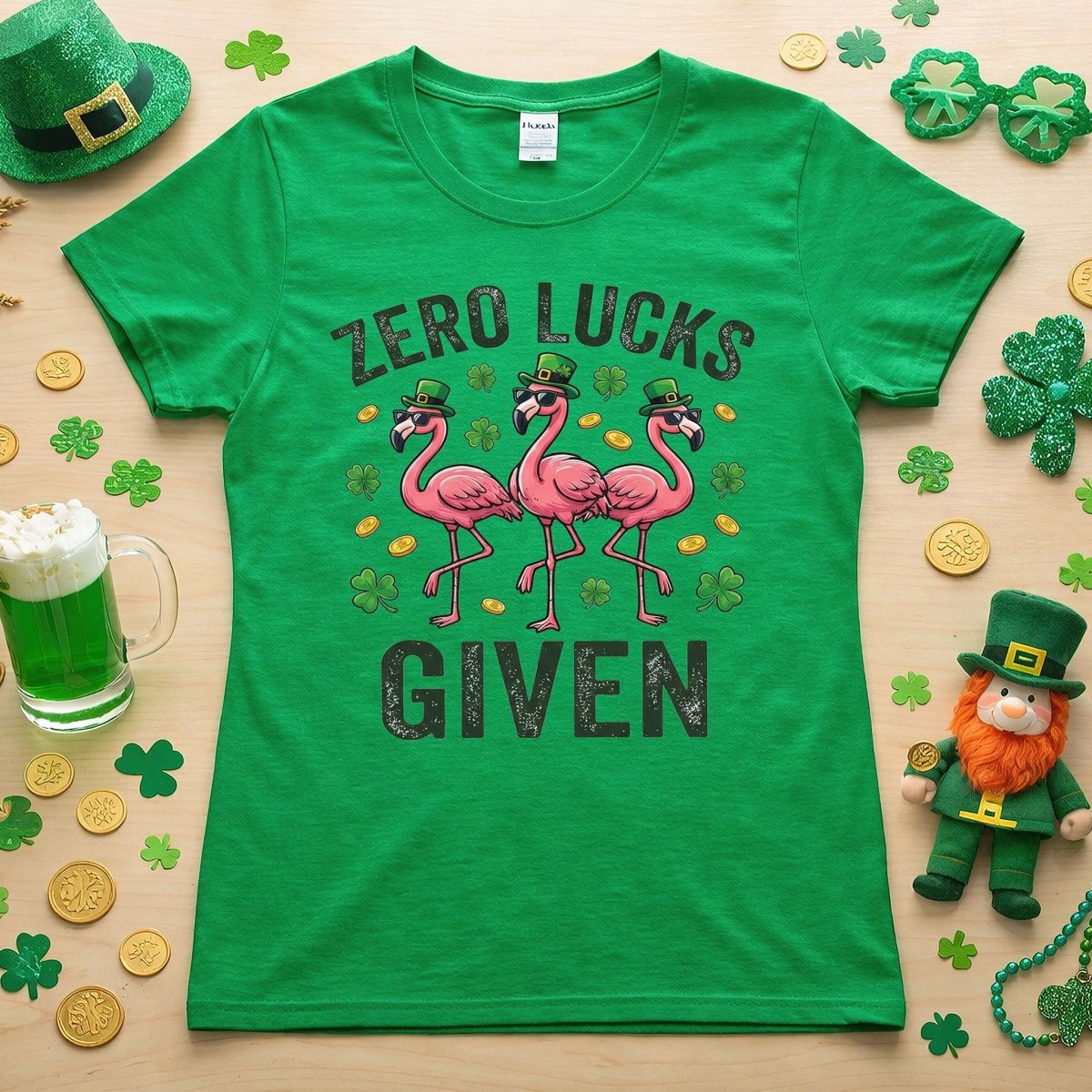 Zero Lucks Given Leprechaun Flamingo T-Shirt - Funny St. Patrick's Day Sarcastic Tee - FlamingoAholic