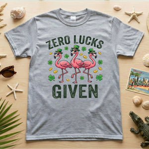 Zero Lucks Given Leprechaun Flamingo T-Shirt - Funny St. Patrick's Day Sarcastic Tee - FlamingoAholic