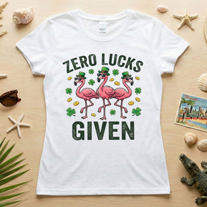 Zero Lucks Given Leprechaun Flamingo T-Shirt - Funny St. Patrick's Day Sarcastic Tee - FlamingoAholic